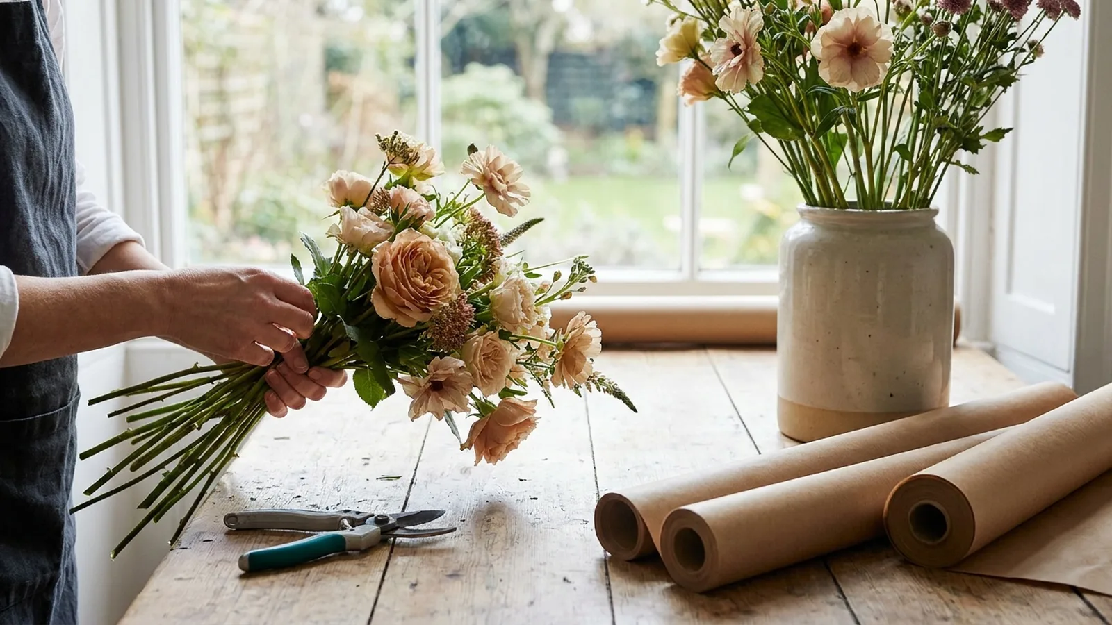 Florist arranging a bouquet at a wooden workbench