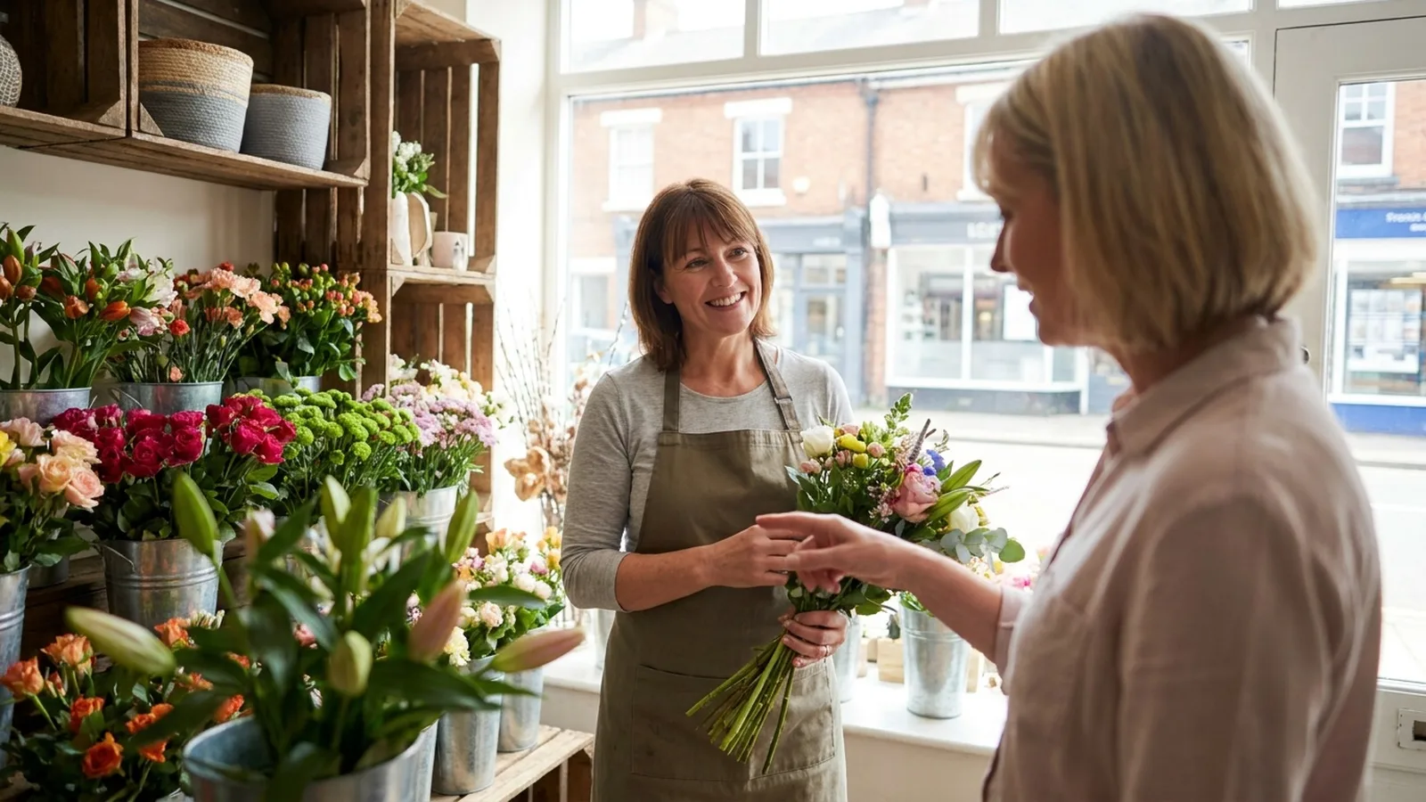 Florist serving a customer in a local flower shop