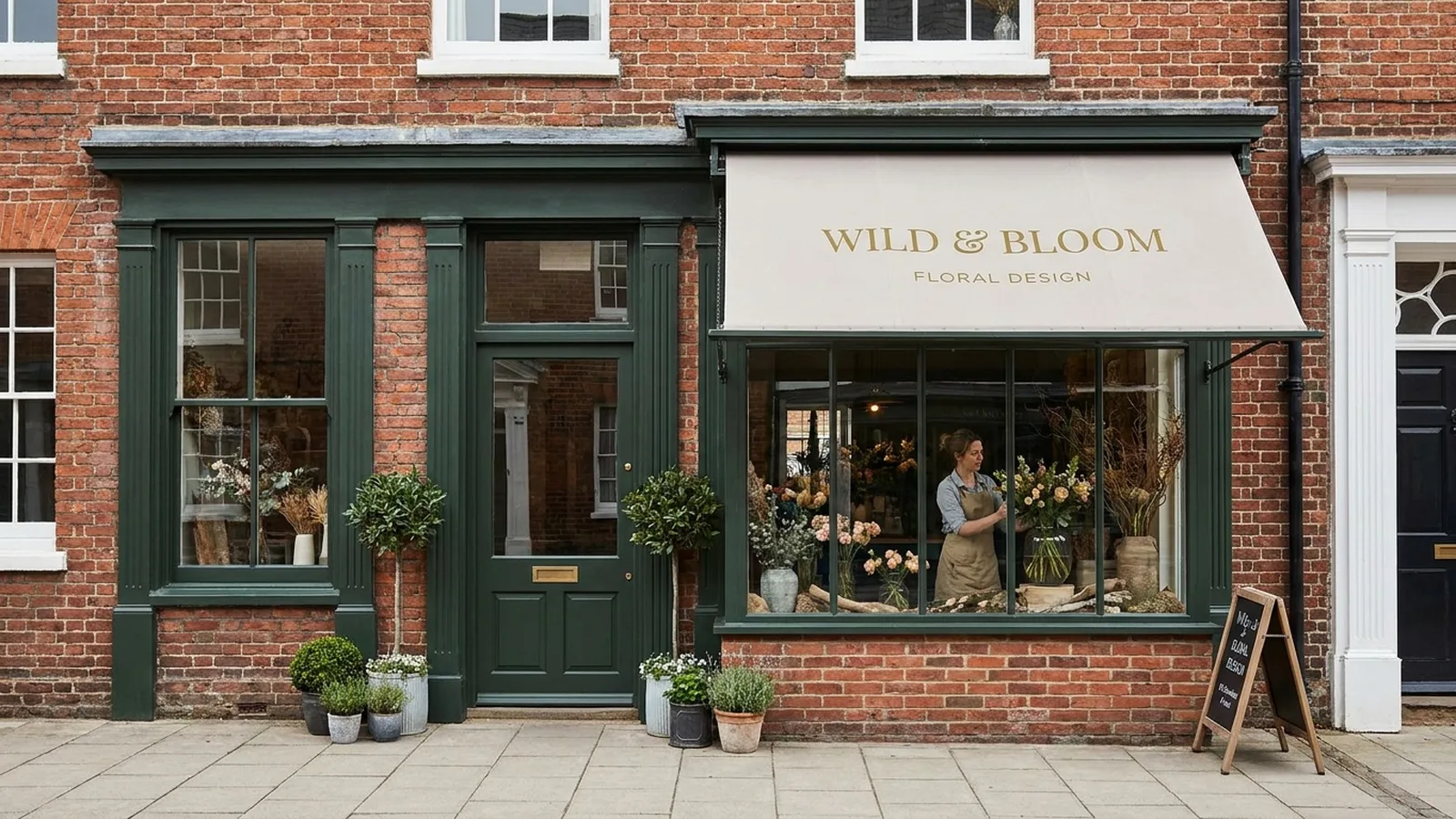 Independent florist shop front on a UK high street with a window display