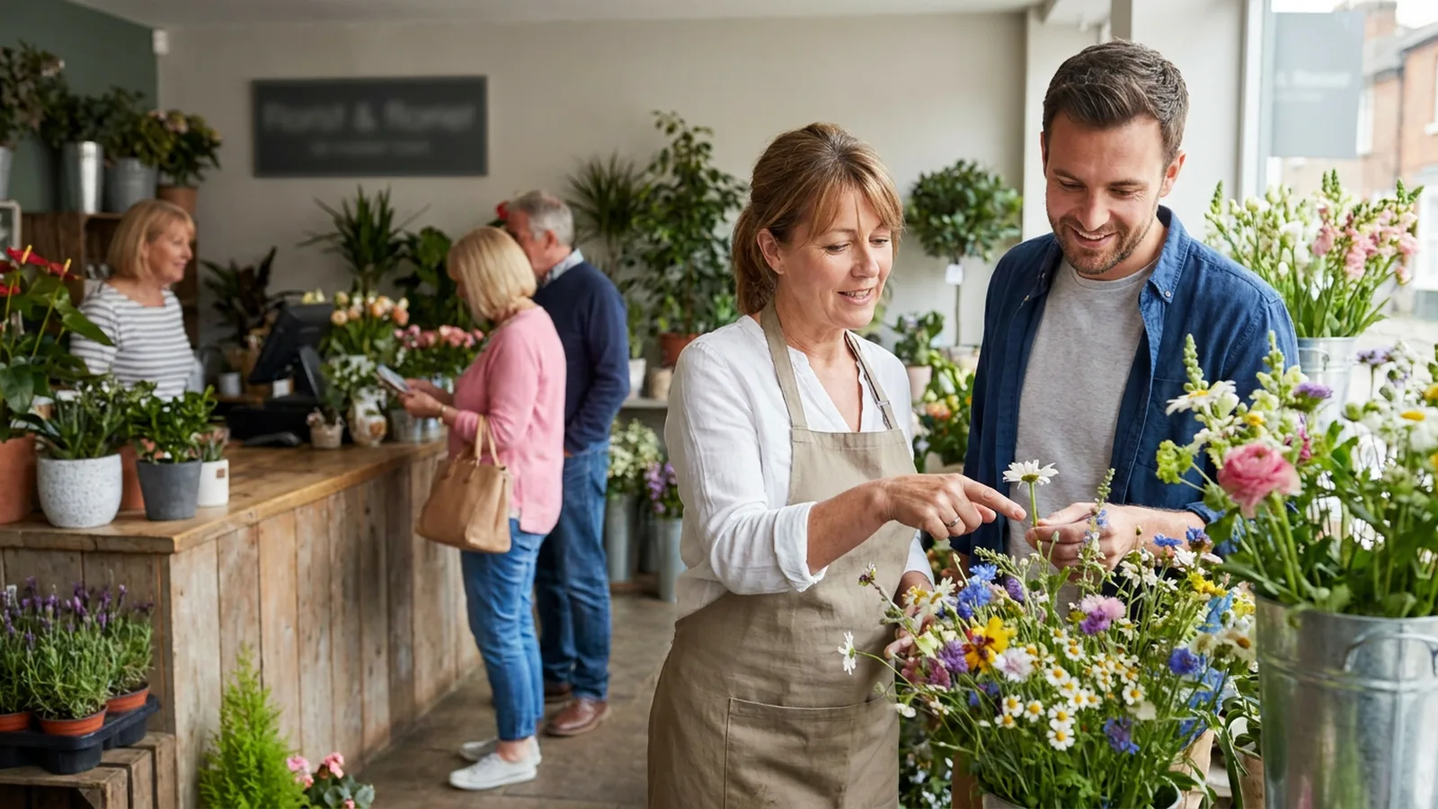 Busy local flower shop with customers being served by the owner