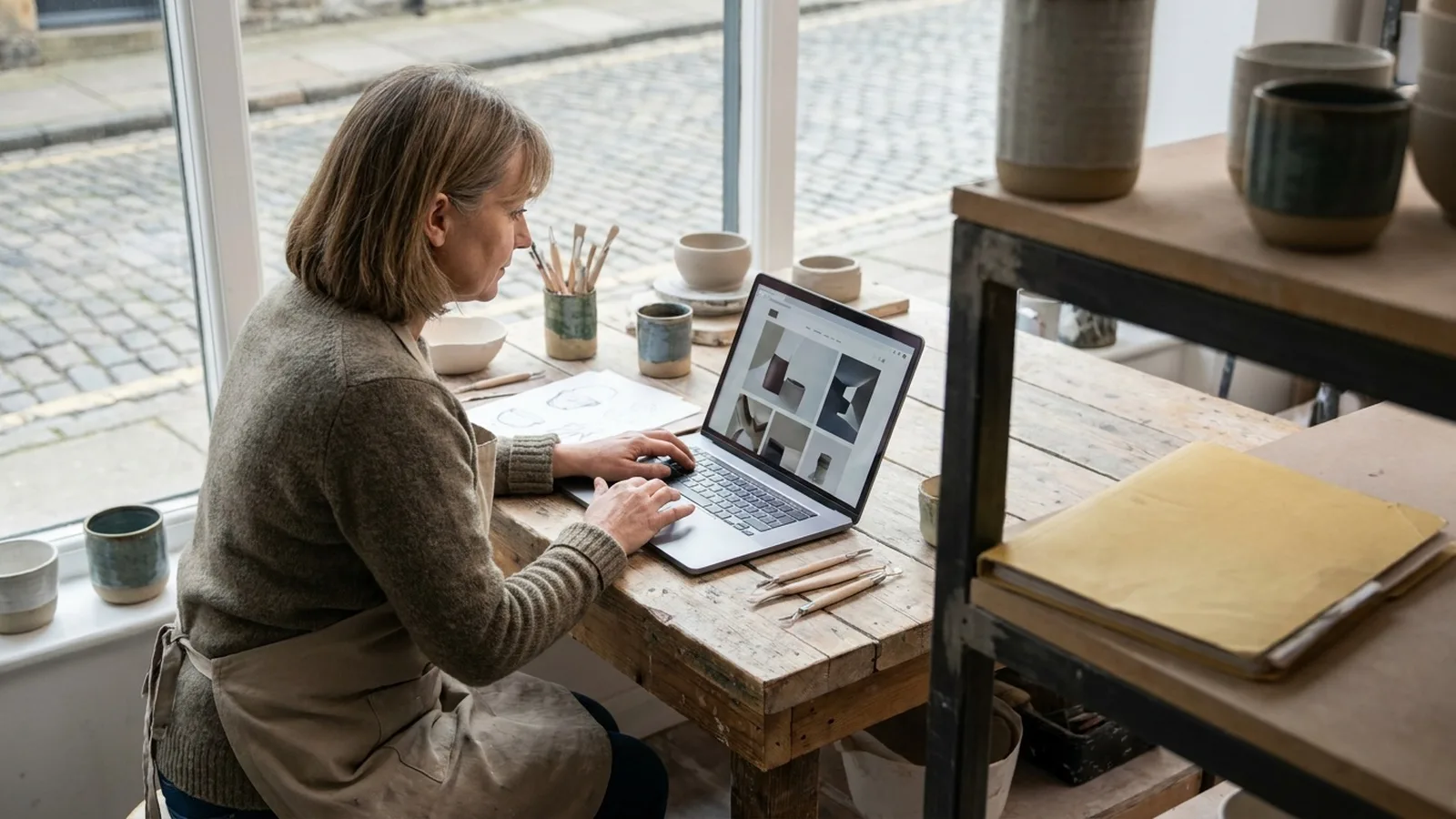 Small business owner reviewing their website on a laptop