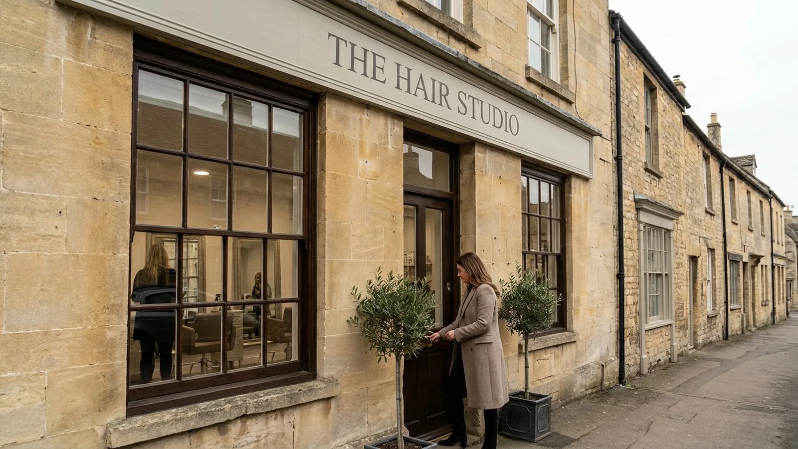 Hair studio on a Cotswold high street with customer arriving