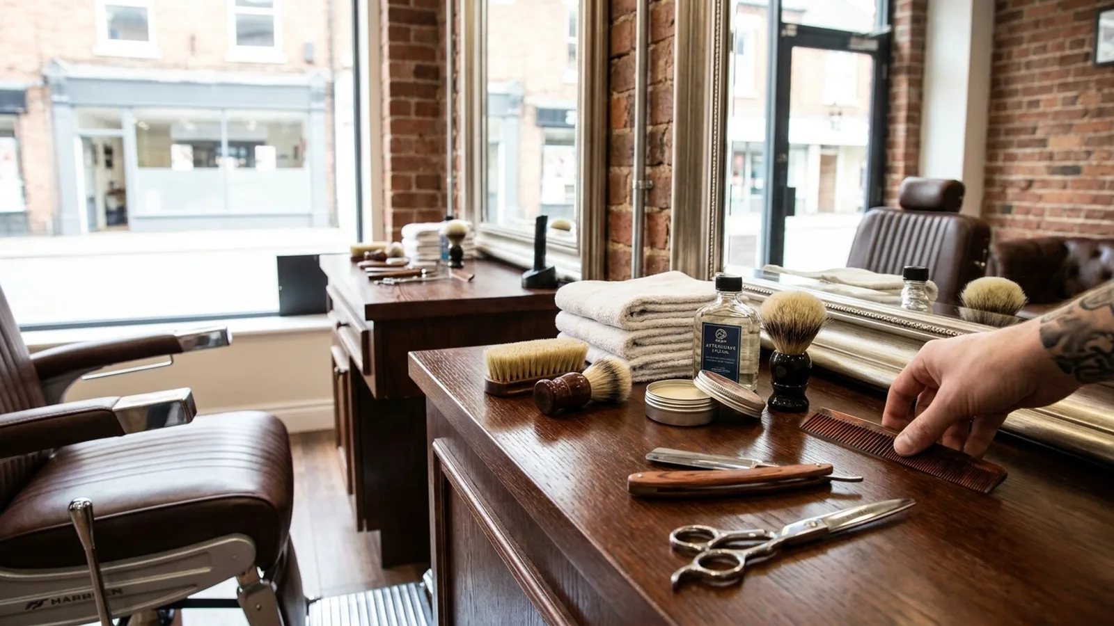 Traditional barber shop interior with grooming tools and leather chair