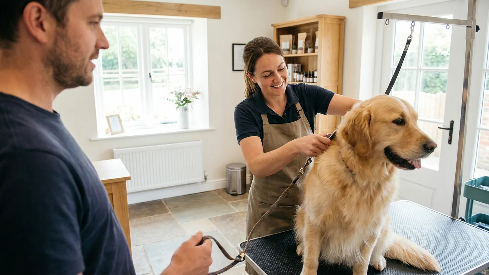 Dog groomer with a golden retriever and the owner in a local grooming salon