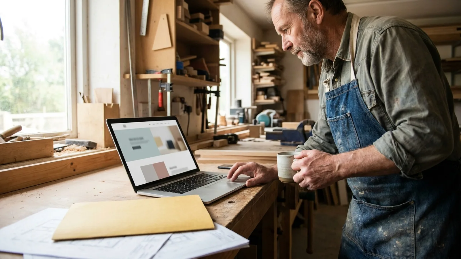 Local business owner reviewing their website on a laptop in a workshop